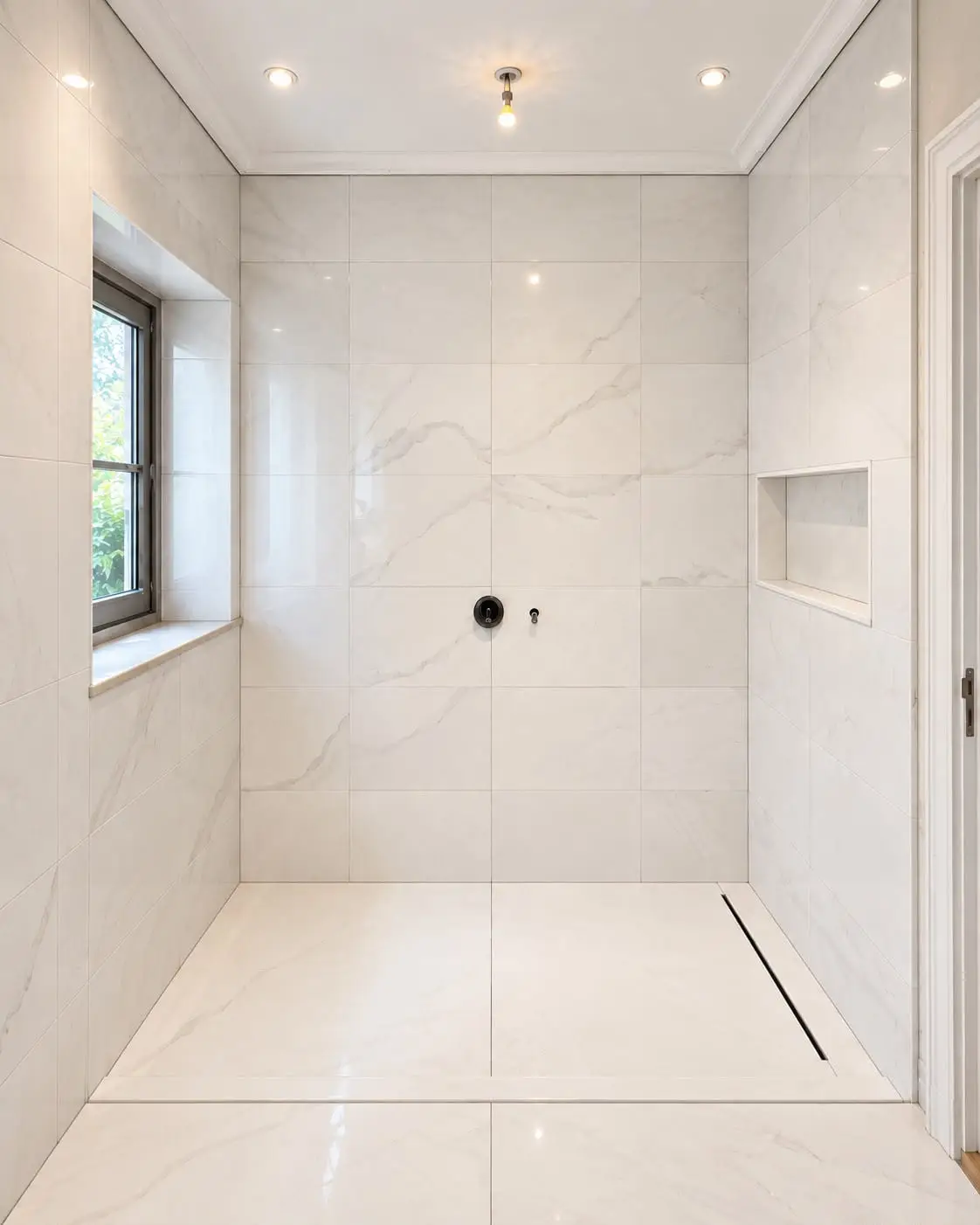 The finished room as a curbless shower area in white marble-look porcelain, falling to a linear drain under a window