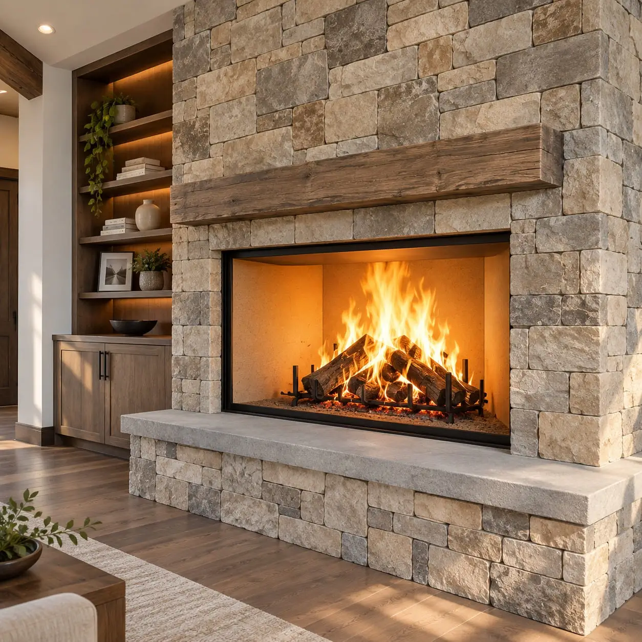 Fireplace surround in stacked natural stone with a raised hearth and a timber beam mantel, by General Tile Company