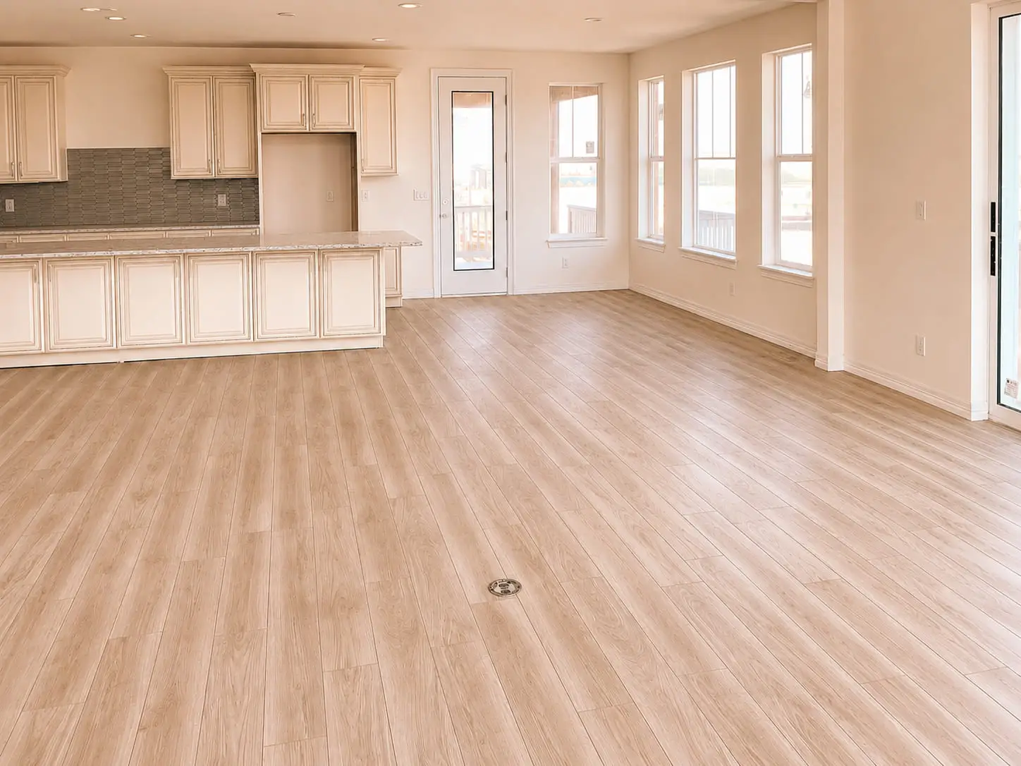 Light plank floor running unbroken through an open-plan kitchen and living space