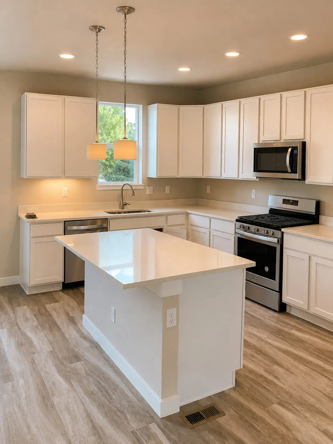 White kitchen island with a quartz top under two pendant lights, by General Tile Company in Tampa Bay