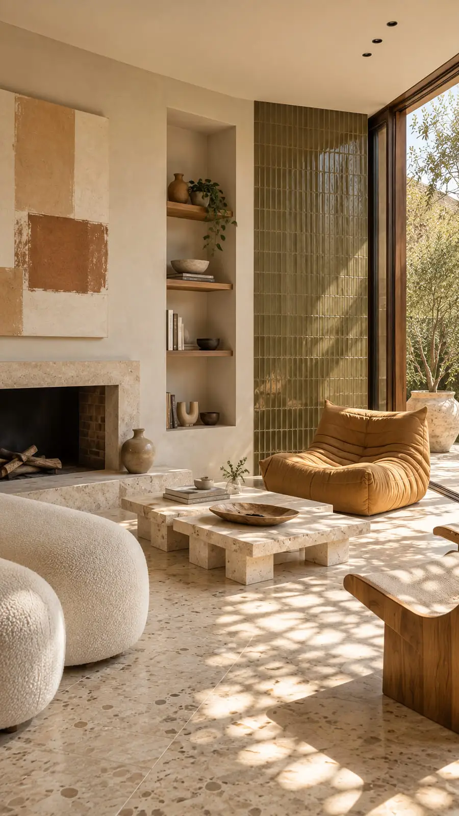 Living room with a green vertically stacked tile panel set beside a plastered fireplace and recessed shelving