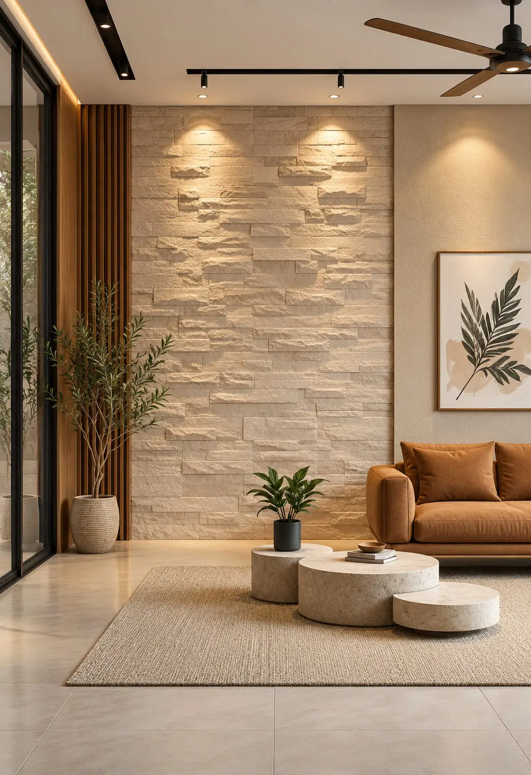 Living room feature wall clad floor to ceiling in pale stacked stone, by General Tile Company