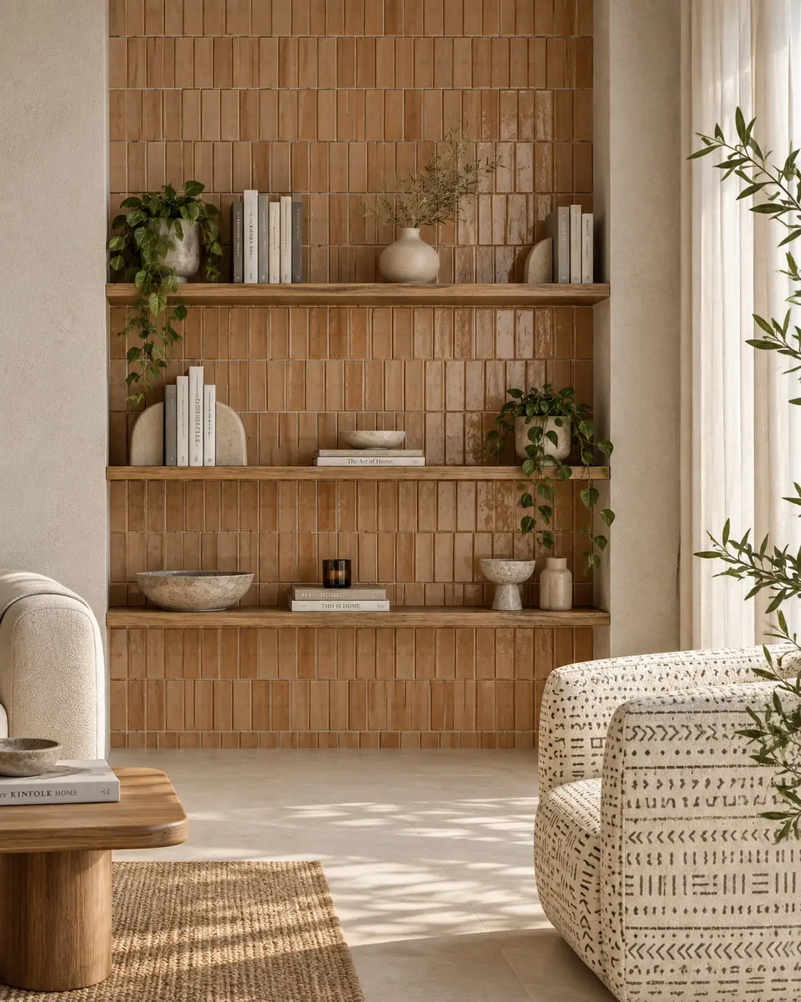 Wall of vertically stacked terracotta tile running behind a set of floating wood shelves